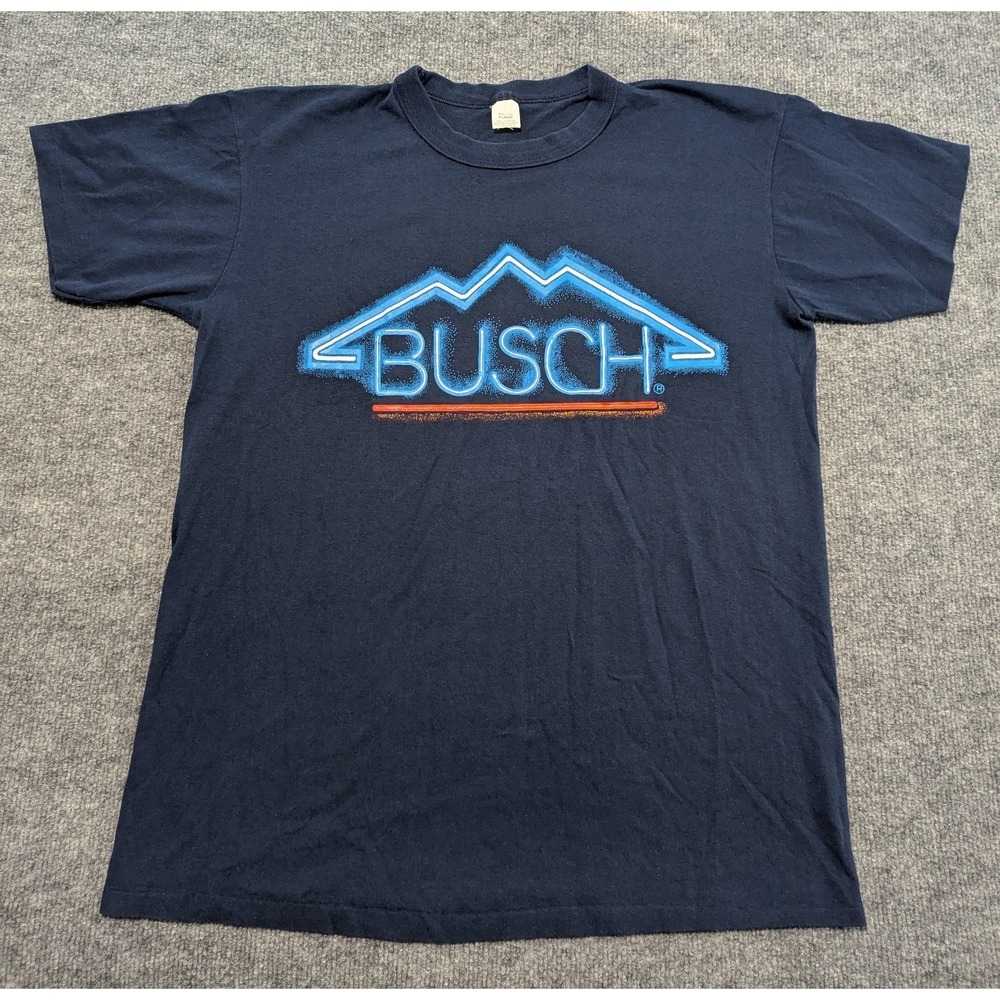 Vintage BUSCH Beer Graphic Single Stitch T-shirt Men's XL Navy Made In USA